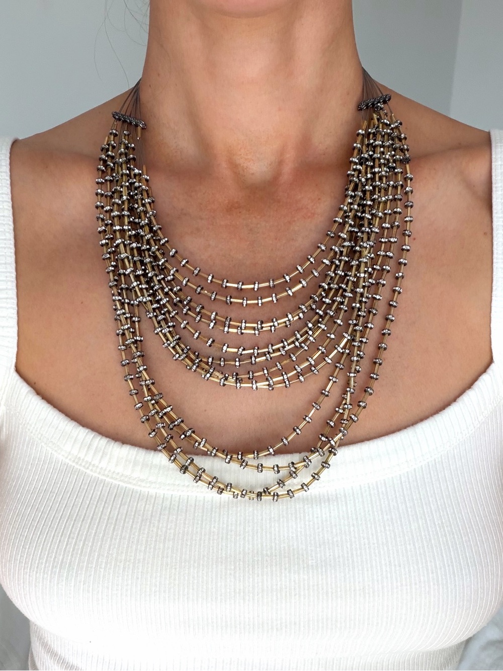 Chico’s Gold & Silver Beaded Multi-Layered Statement Necklace